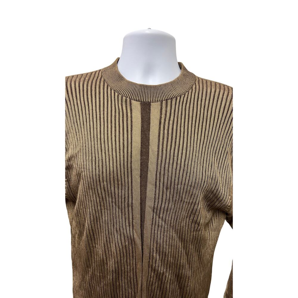 🤎 Bachrach Brown Ribbed Knit Sweater Retro 90s Minimalist Luxe Crewneck Top - Picture 2 of 4
